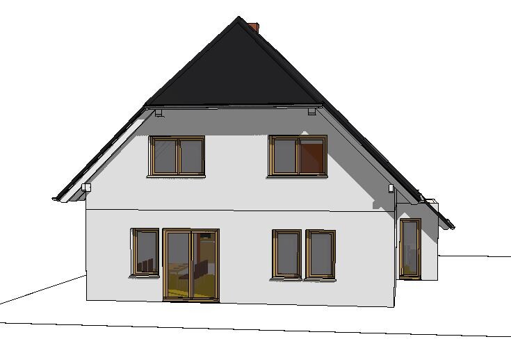 Zweistöckiges Haus mit grauer Fassade, dunklem Satteldach und braun gerahmten Fenstern.