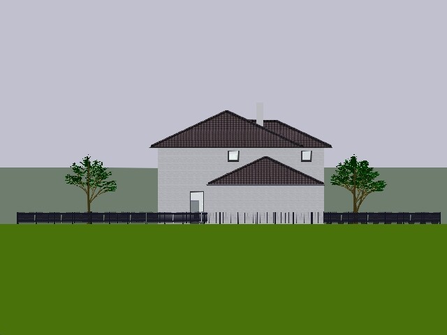Zweistöckiges Haus mit grauer Fassade, braunem Ziegeldach, Zaun und zwei Bäumen vor grünem Rasen.