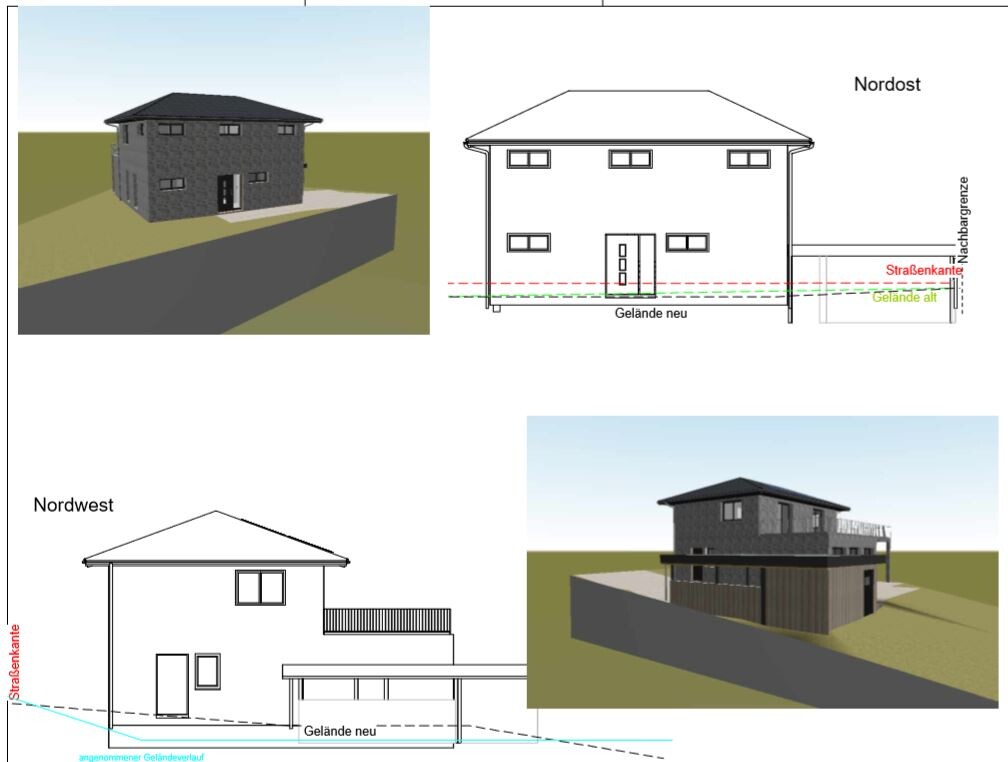 Vierteilige Architekturszene: 3D-Hausrender, Nordost- und Nordwest-Ansichten mit Gelände.