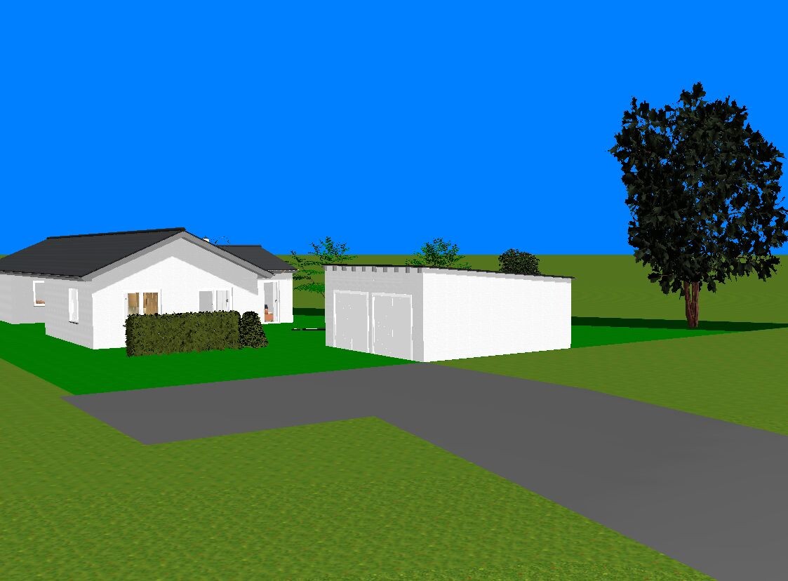 3D-Visualisierung eines Hauses mit Garage, Einfahrt und Garten