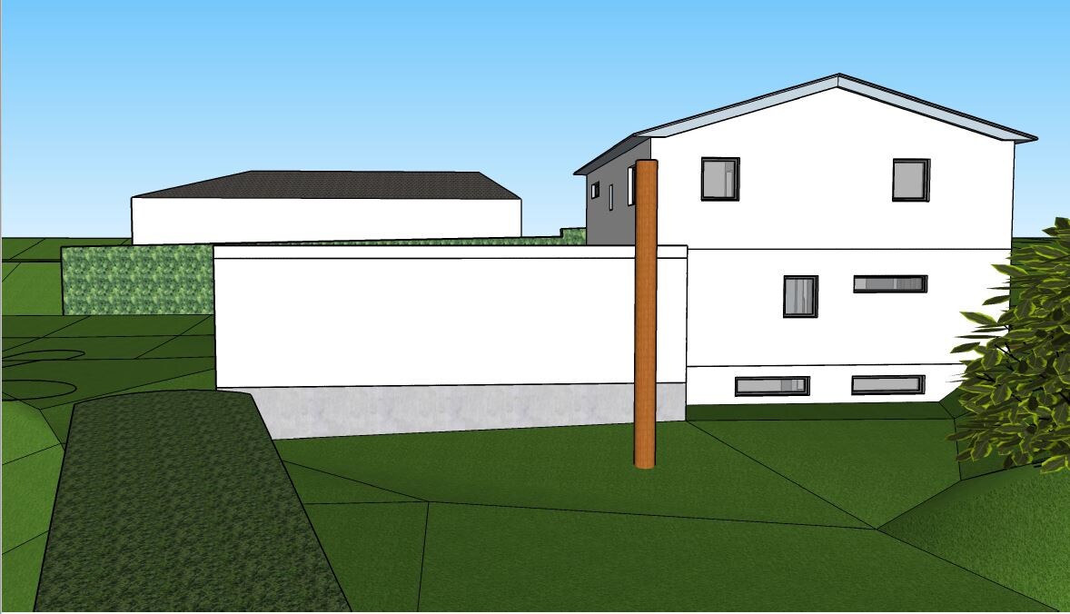 Moderne zweigeschossige Hausansicht in 3D mit Garten und Hecke