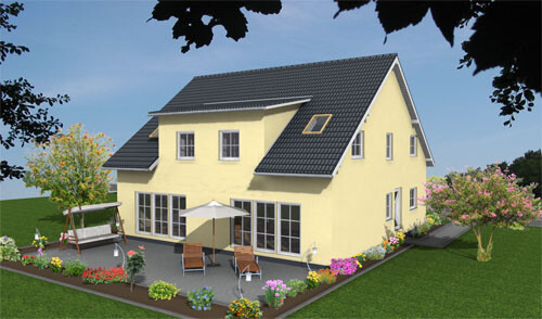Gelbes zweistöckiges Haus mit grauem Dach, Terrasse mit Esstisch, Sonnenschirm und Garten.