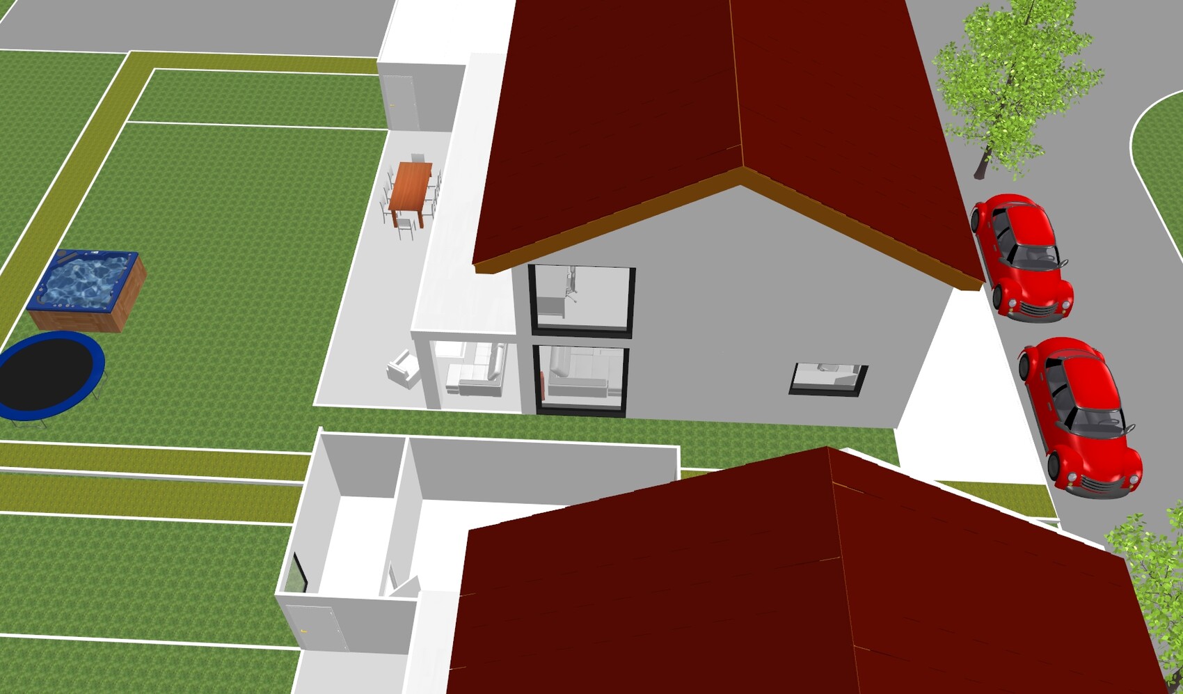 Vogelperspektive auf modernes Haus mit rotem Dach, Garten, Trampolin, Pool und zwei Autos