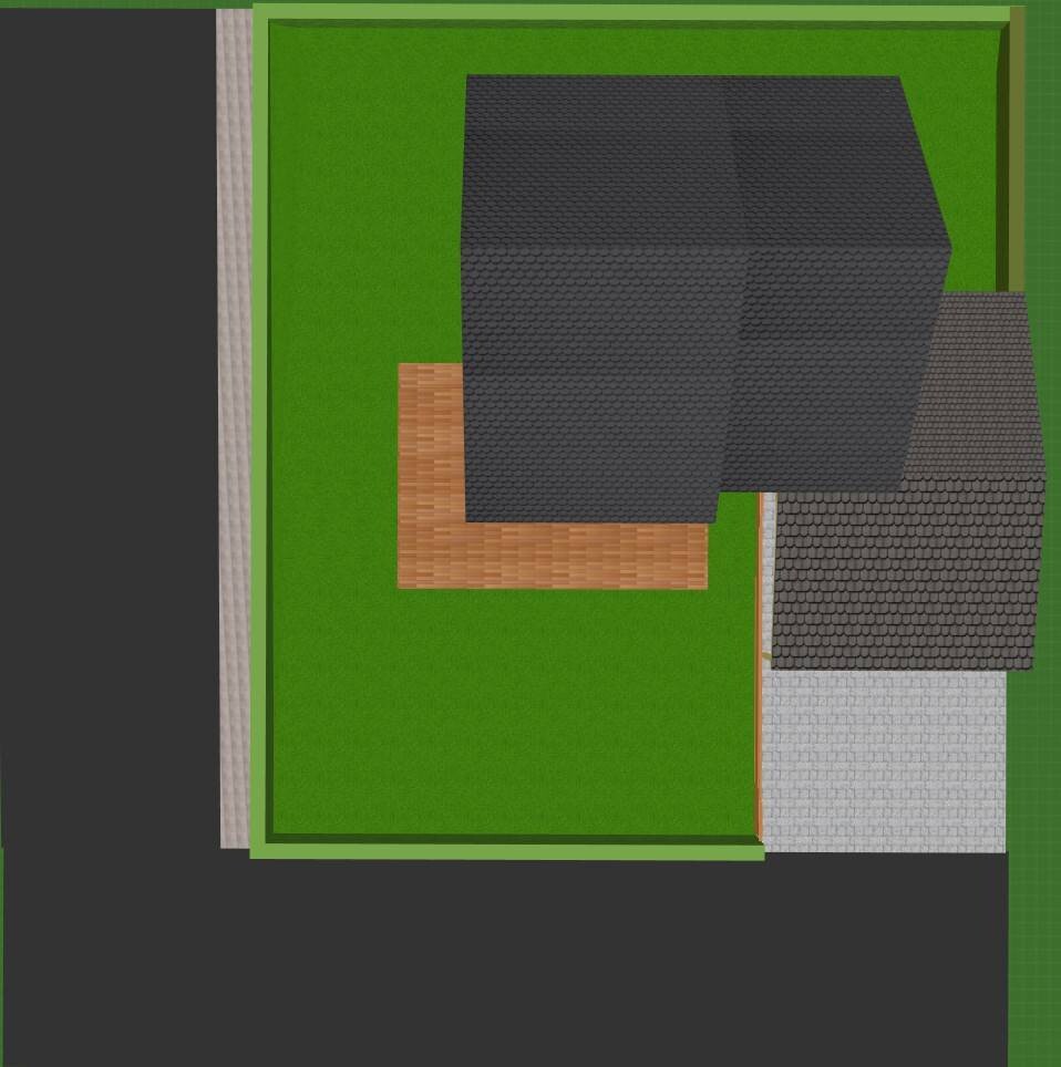 Vogelperspektive eines Wohnhauses mit dunklem Ziegeldach, grünem Garten, Holzterrasse und Einfahrt