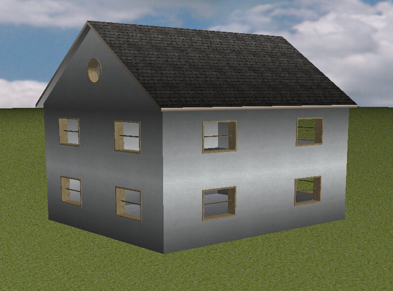 Zweistöckiges Haus mit dunklem Satteldach, unvollständigen Fensterrahmen auf Gras.