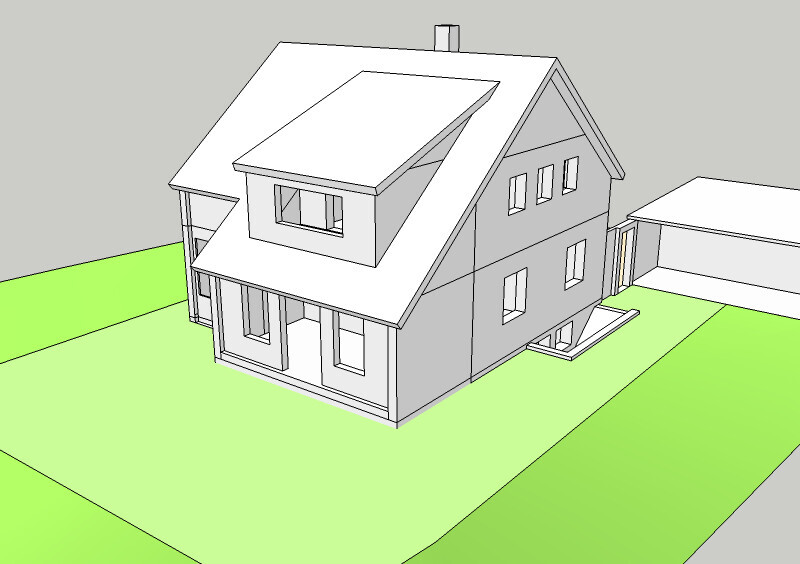 3D-Modell eines Hauses auf einem Grundstück mit gruenem Rasen und Nebengebäuden