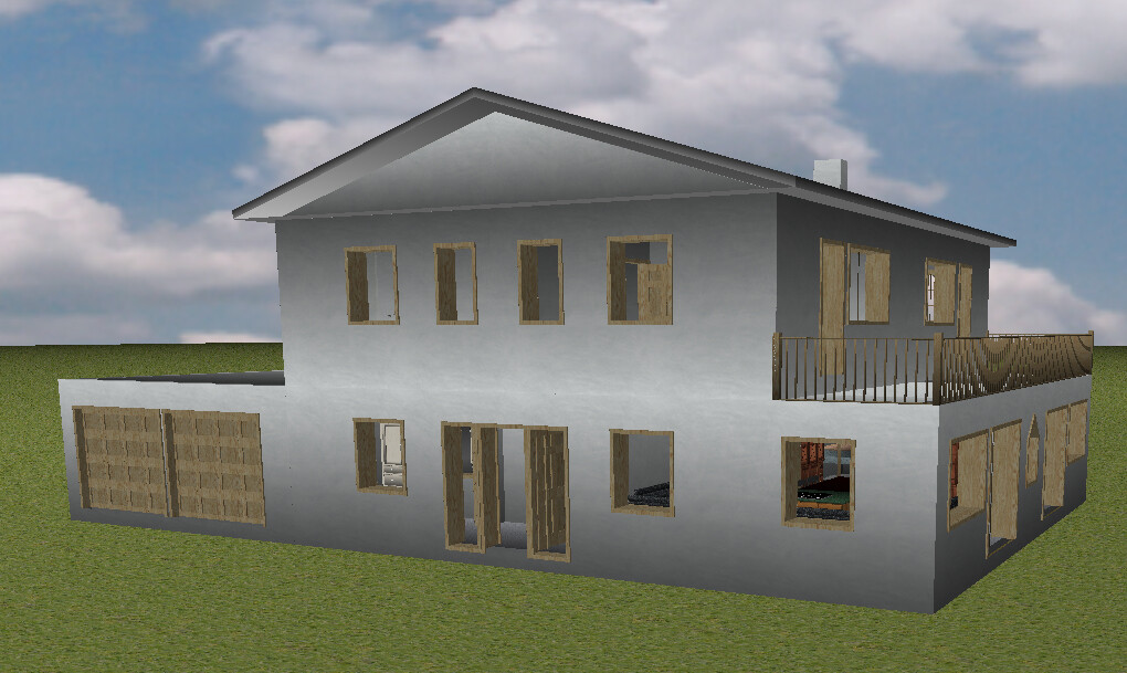 Zweistöckiges Haus im Bau mit Holzfenstern, Balkon und Garage auf grünem Gelände.