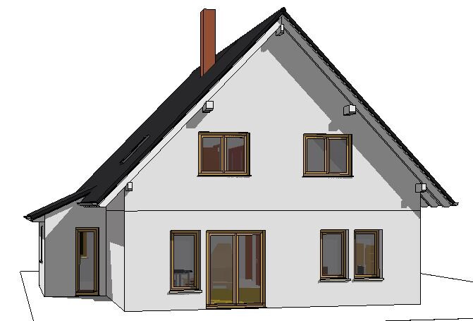 Zweistöckiges Haus mit grauer Fassade, dunklem Satteldach, Kamin und braunen Fensterrahmen.