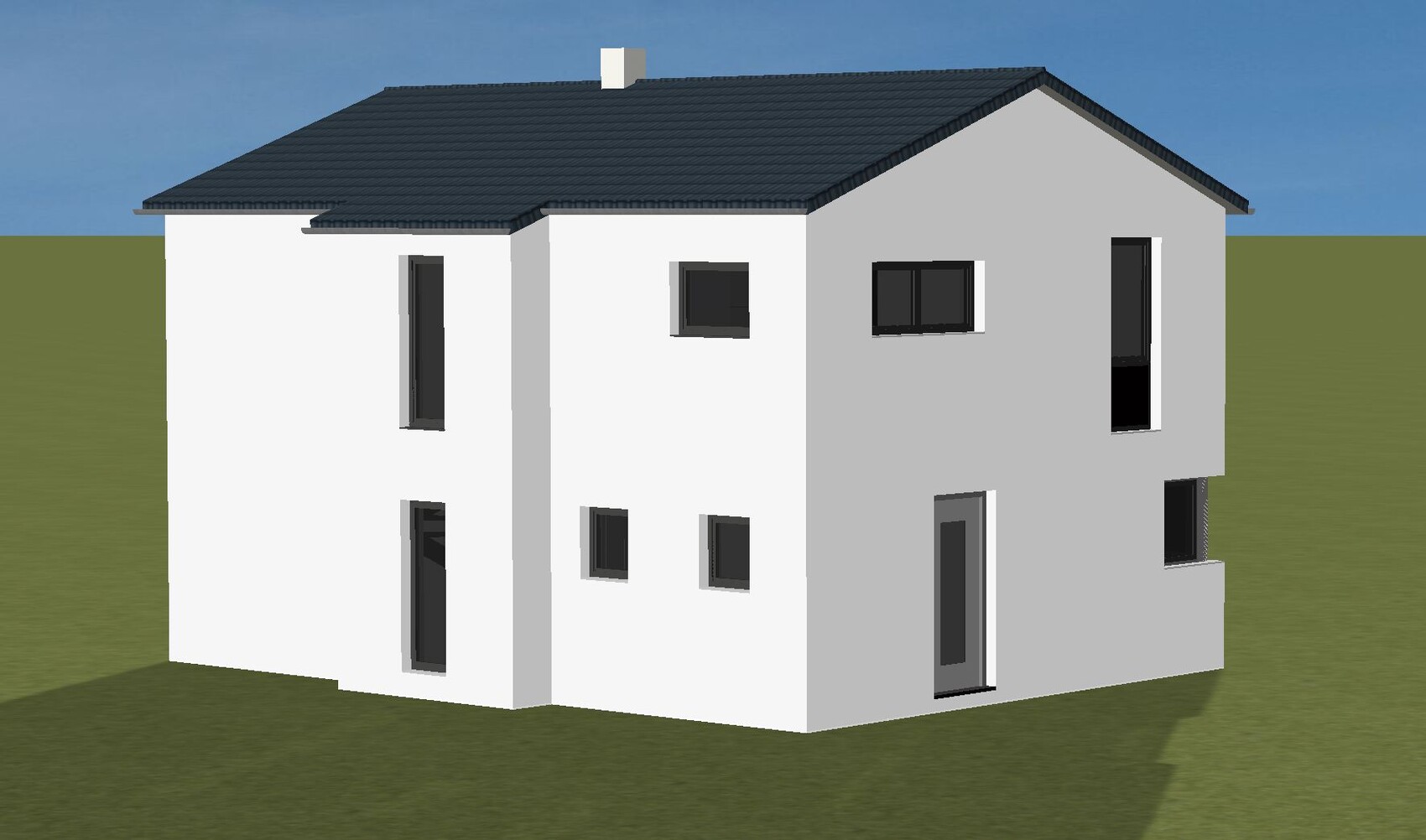 3D-Modell eines zweistöckigen Hauses mit weißer und grauer Fassade, dunklem Dach und Fenstern.
