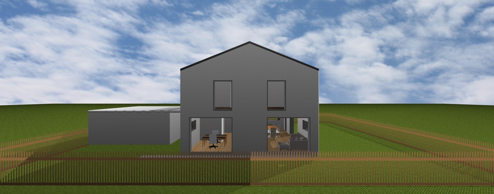 Modernes graues Haus mit Glasfronten; Innenräume sichtbar: Esszimmer links, Wohnzimmer rechts.