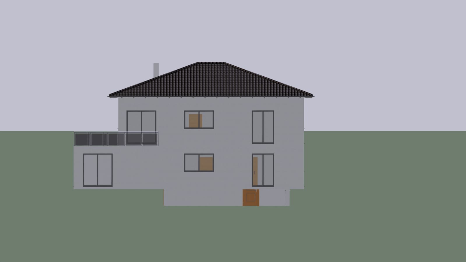 Zweistöckiges Haus mit grauer Fassade, dunklem Ziegeldach, Balkon links und vielen Fenstern.