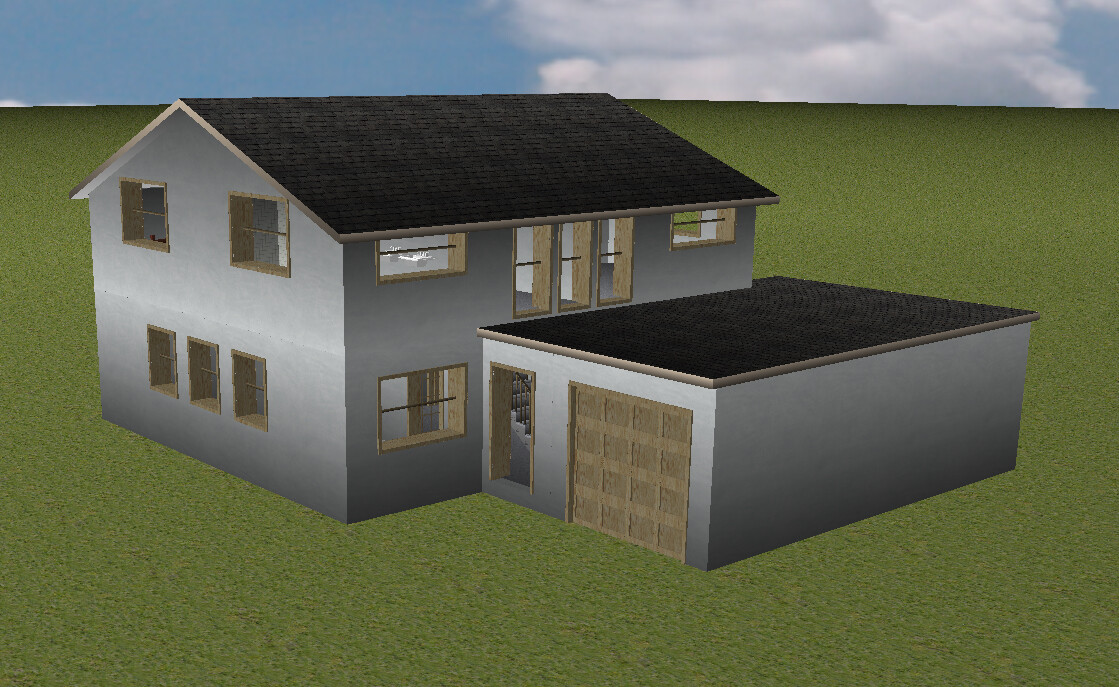 Zweistöckiges Haus mit Satteldach und Anbau-Garage auf grünem Grundstück.