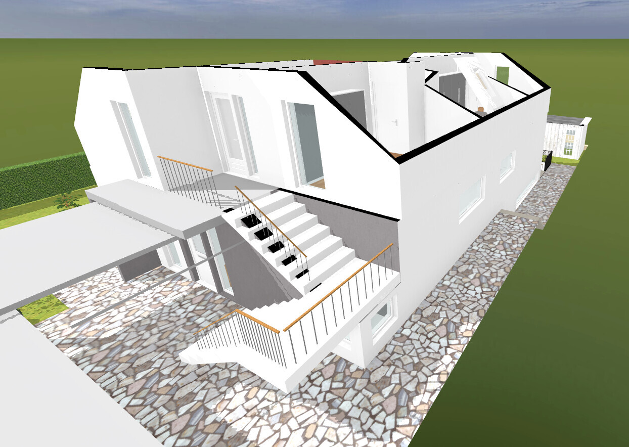 3D-Ansicht eines weißen Hauses mit Außentreppen, Terrasse und Steinpfad