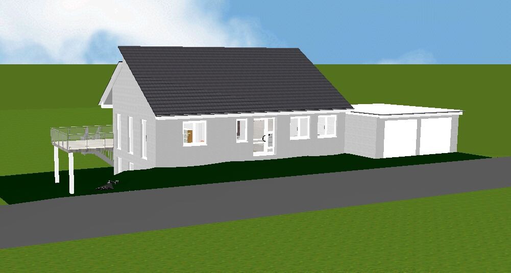 Gerenderte Ansicht eines Einfamilienhauses mit grauer Fassade, dunklem Dach, Garage rechts und Balkon links