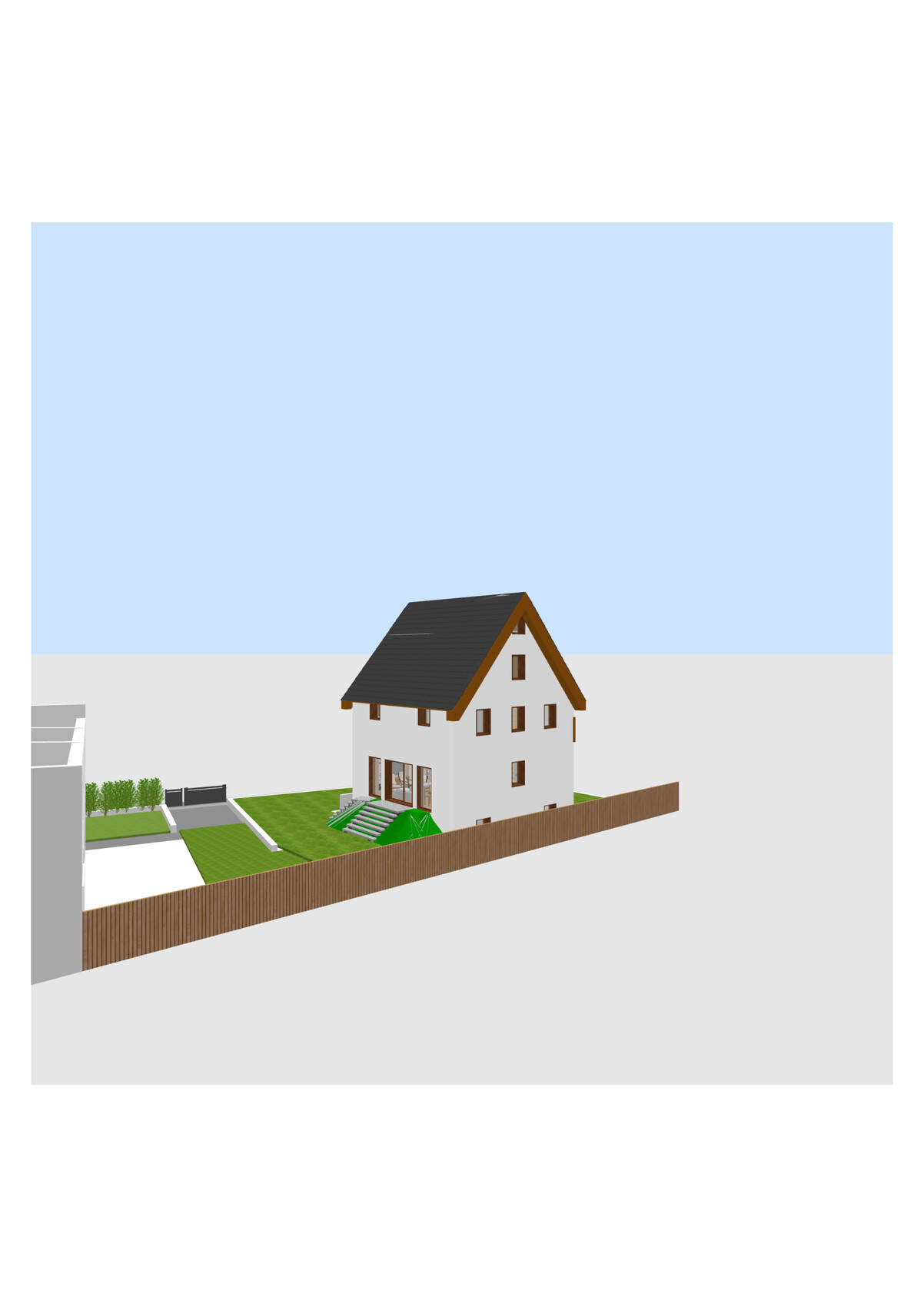 Zweistöckiges Haus mit dunklem Satteldach, Garten, Zaun und Zufahrt.