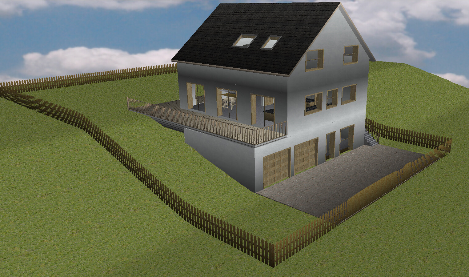 3D-Haus auf Grashügel mit Balkon, Garagenzufahrt und umlaufendem Zaun.