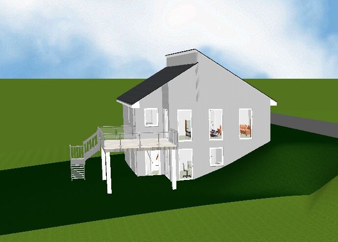 Zweistöckiges, graues Hausmodell mit Balkon, Glasgeländer und Treppe auf grünem Gelände.