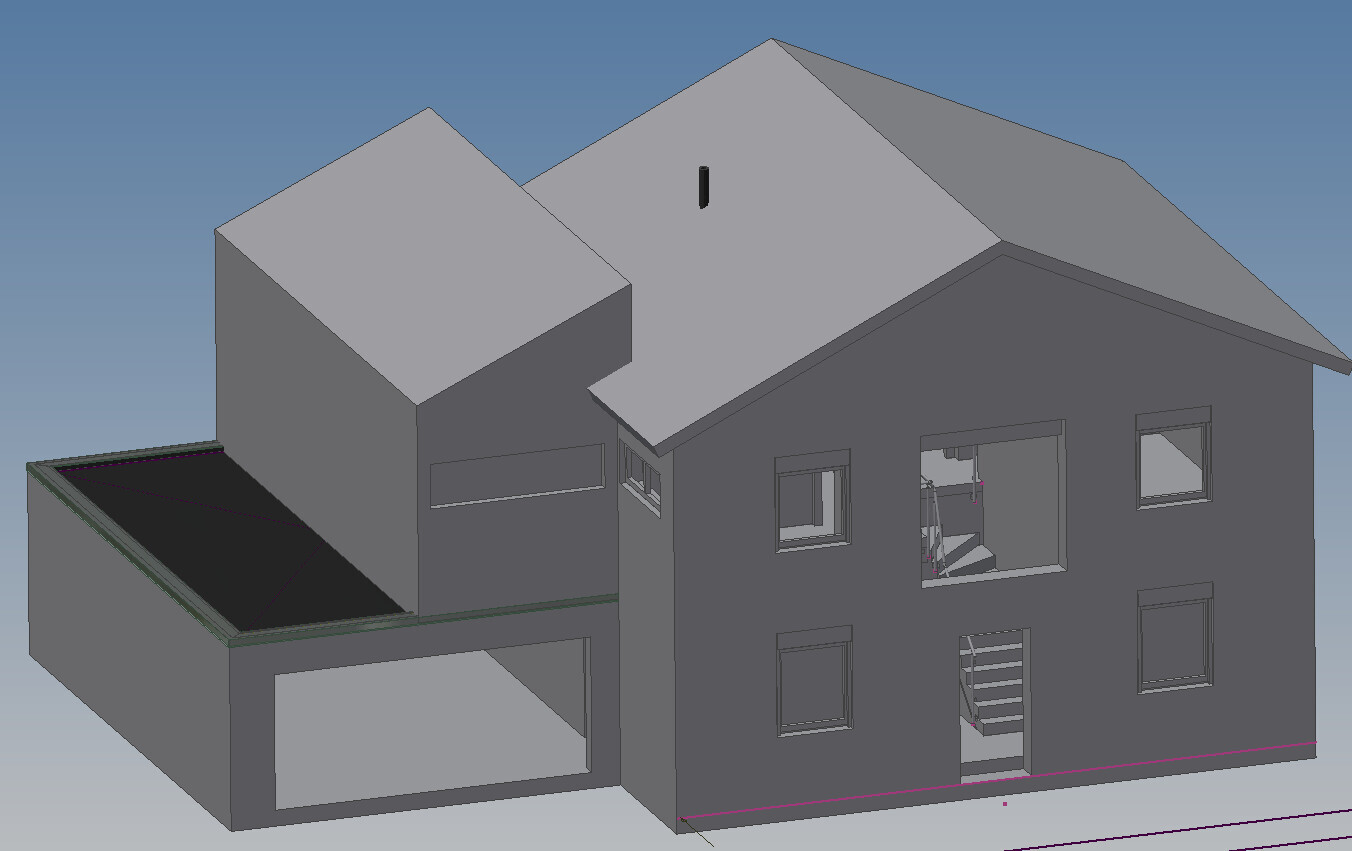 3D-Hausmodell: Zweistöckiges Wohnhaus mit Garage und Dach, Außenansicht