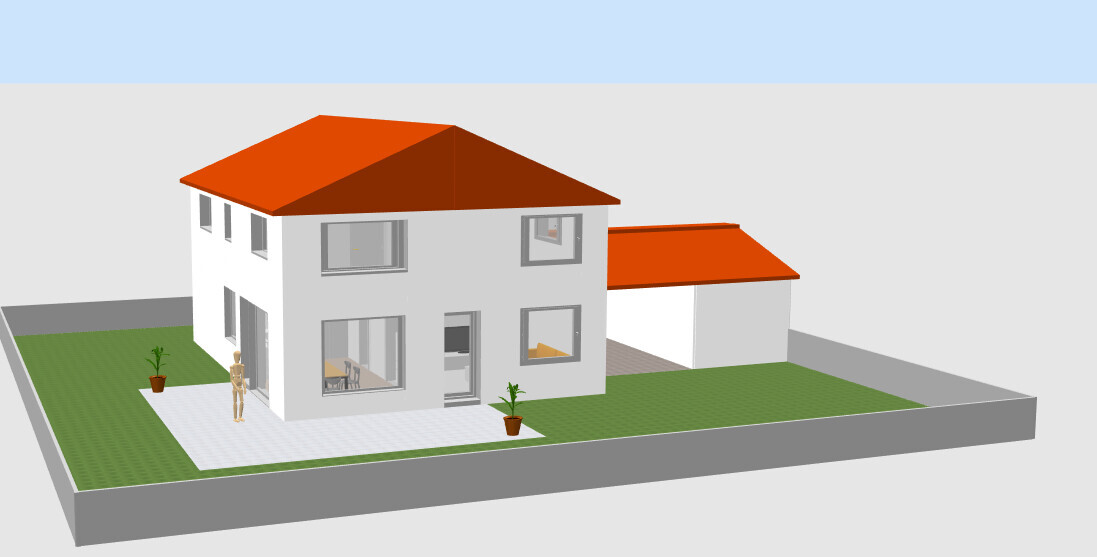 Weißes zweistöckiges Haus mit rotem Dach, Garage und Garten; Figur steht am Eingang.