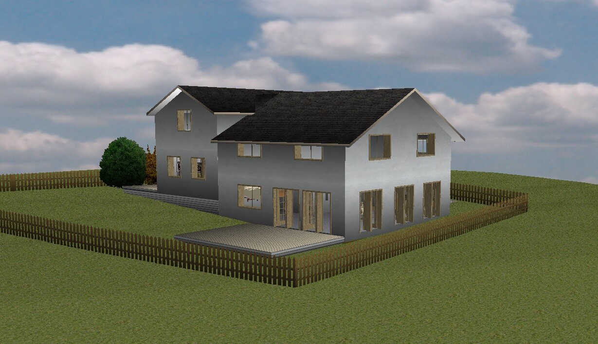 Zweistöckiges Haus mit grauer Fassade, schwarzem Dach, Terrasse und Holzzaun.