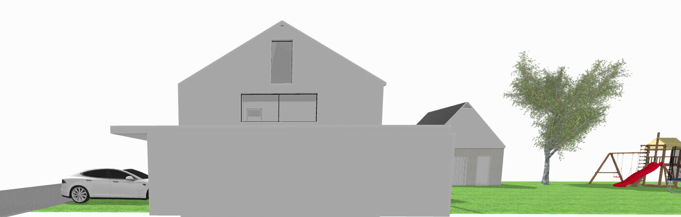 Großes graues Haus mit Garage links, Auto davor, Baum und Spielplatz rechts auf Rasen.