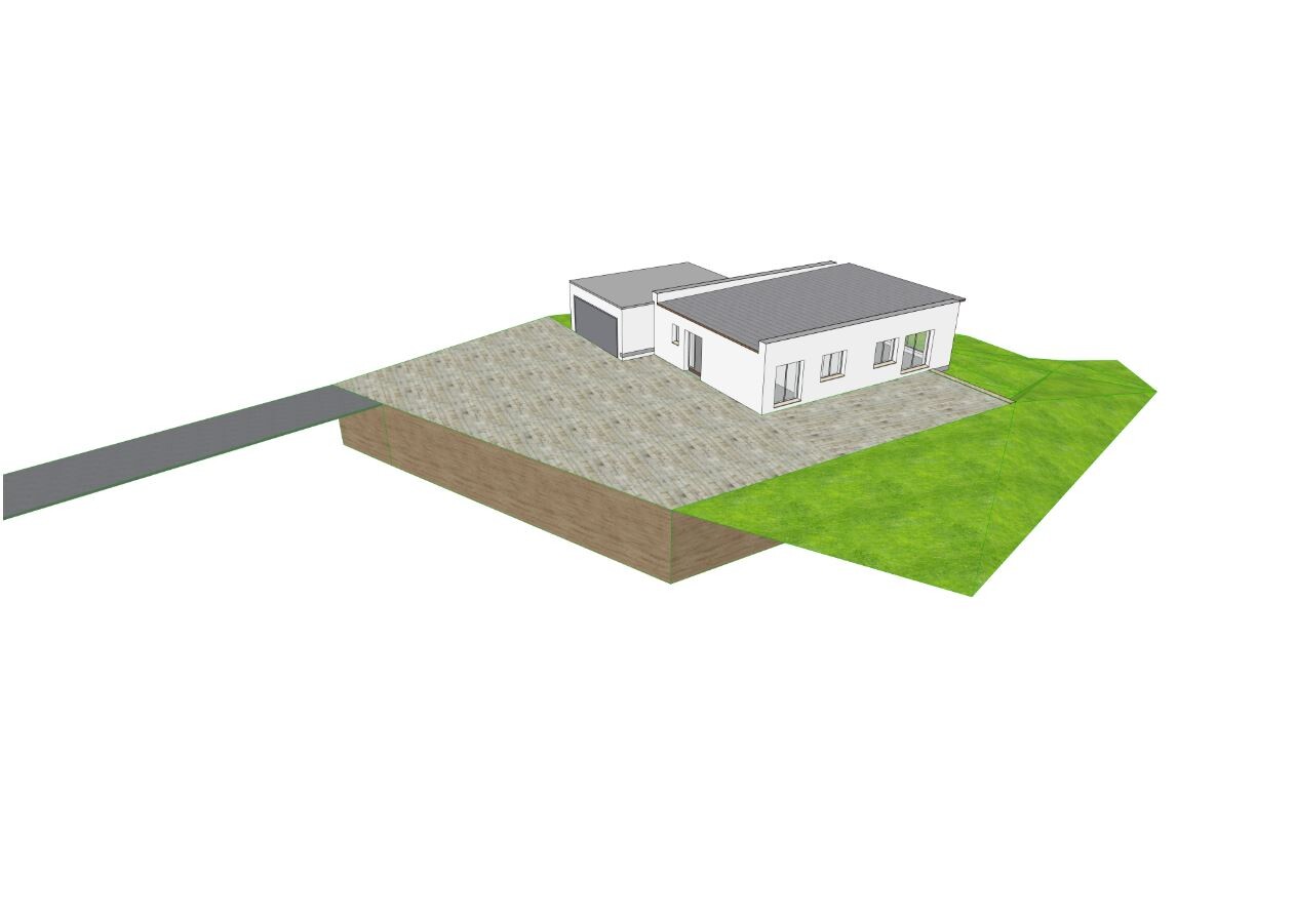 Modernes weißes Einfamilienhaus mit grauem Dach, gepflastertem Hof, Garage und grünem Garten rechts.