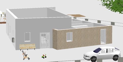 Neubau mit grauer Vorderseite, beiger Wand, Tür, Fenster, Gartenbank und Auto.