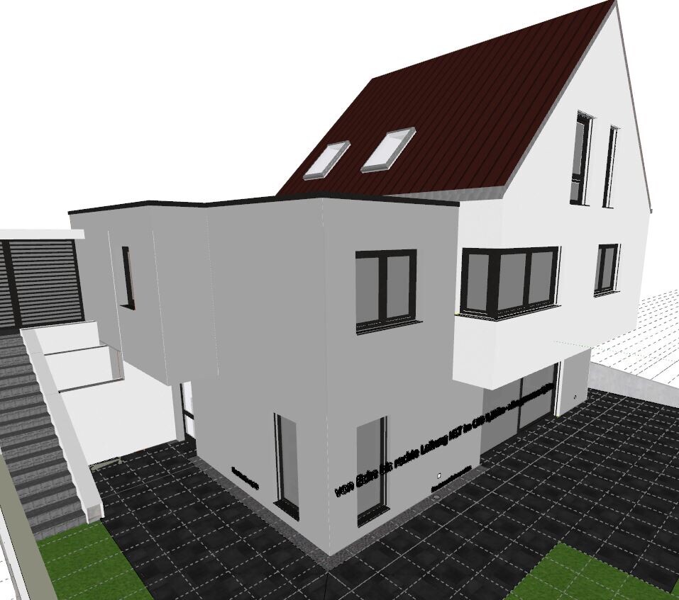 Modernes zweigeschossiges Haus mit rotem Satteldach, großen Fenstern und Hofpflaster.