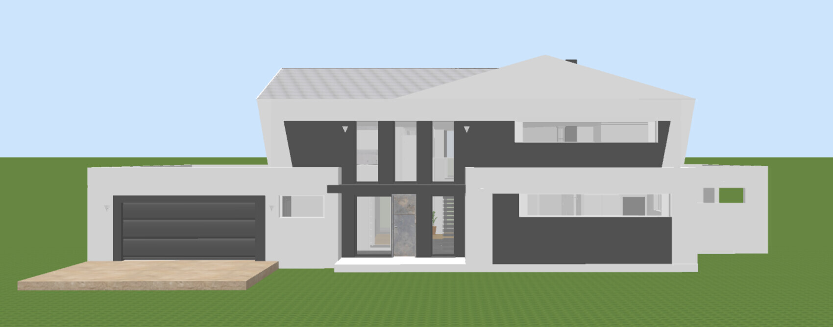 Moderne 3D-Hausansicht mit Garage, Eingangstuer und grossen Fenstern