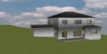 3D-Hausmodell: zweistöckiges weißes Wohnhaus mit grauem Dach und Garage auf grünem Grundstück
