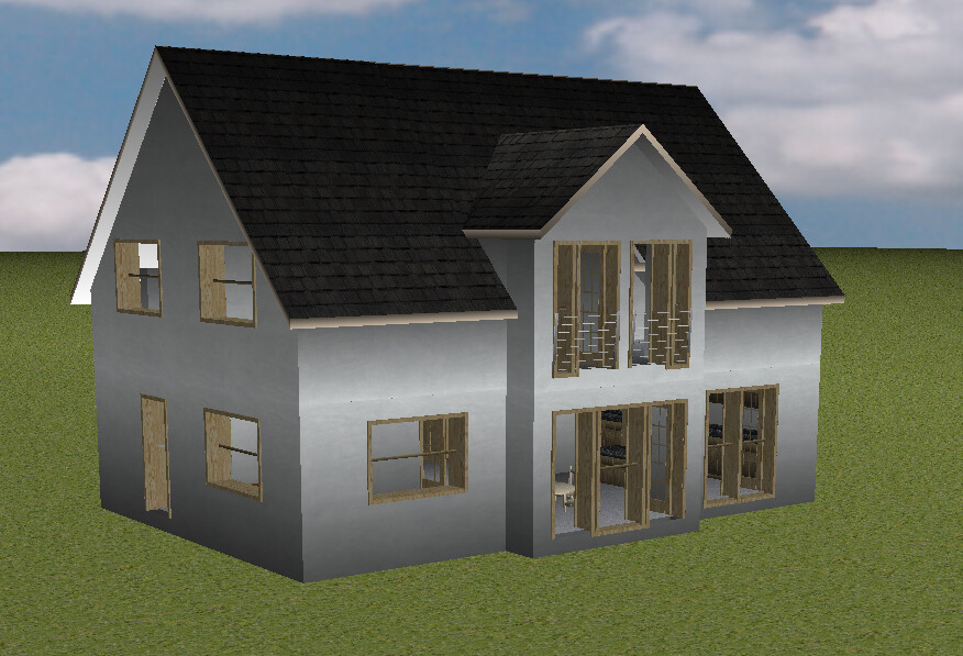 Zweistöckiges Haus mit dunklem Satteldach, großen Fenstern, auf grünem Rasen.