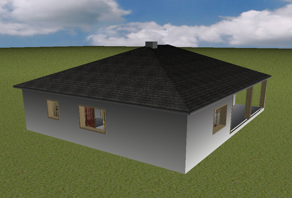 3D-Hausmodell Außenansicht eines einstöckigen Hauses mit dunklem Dach und Veranda.