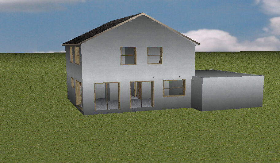 3D-Modell eines grauen Hauses mit Anbau auf grünem Rasen, Fensterfronten.