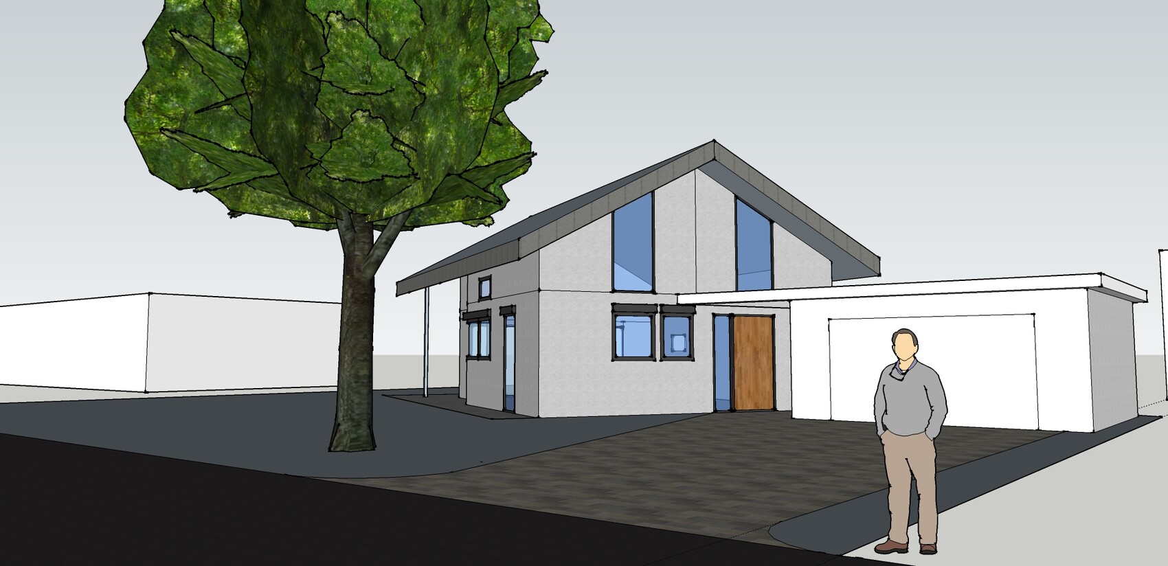 3D-Hausmodell: moderne Einfamilienhaus-Außenansicht mit Baum und stehender Person