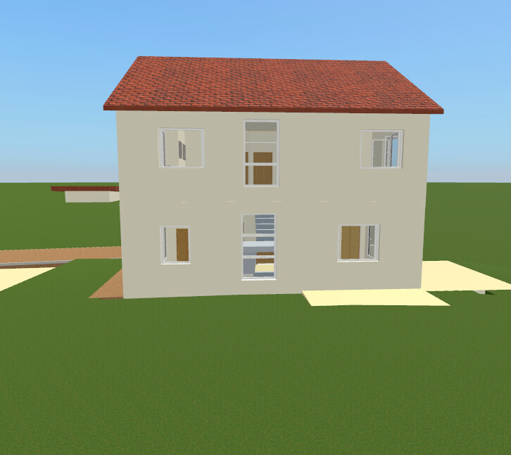 Zweistöckiges 3D-Hausmodell mit rotem Ziegeldach, mehreren Fenstern auf grüner Wiese.