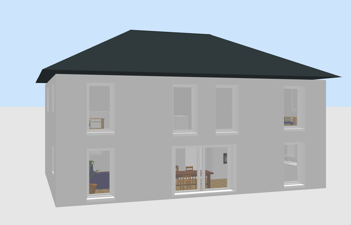 Außenansicht eines zweistöckigen 3D-Hauses mit grauer Fassade und dunklem Dach