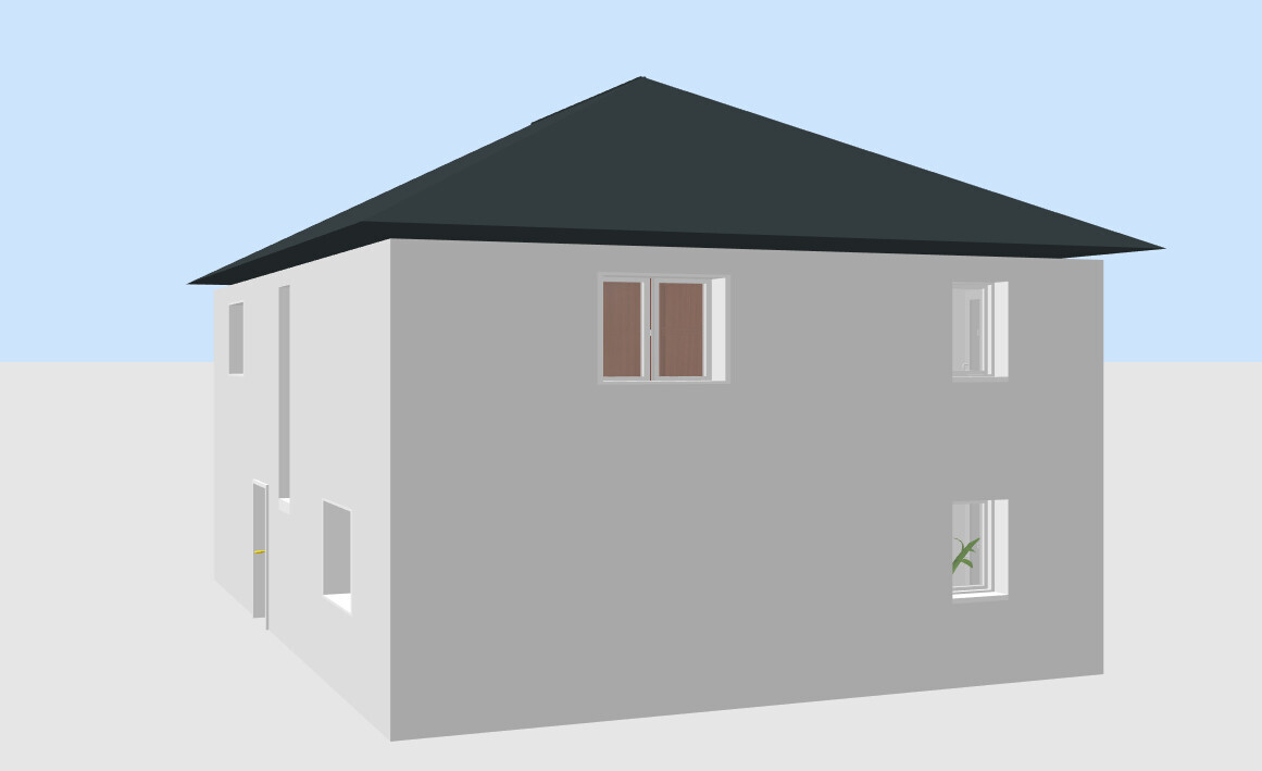 3D-Hausmodell mit grauer Fassade und dunklem Dach, seitliche Ansicht