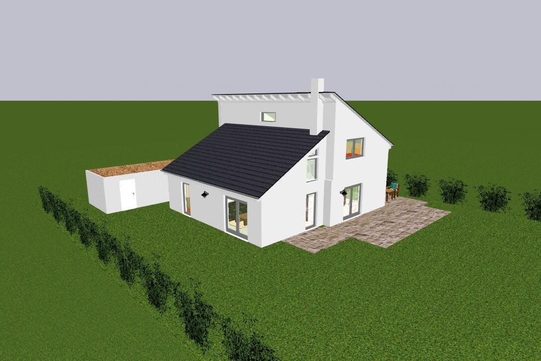 3D-Render eines weißen Einfamilienhauses mit Terrasse und Garten.