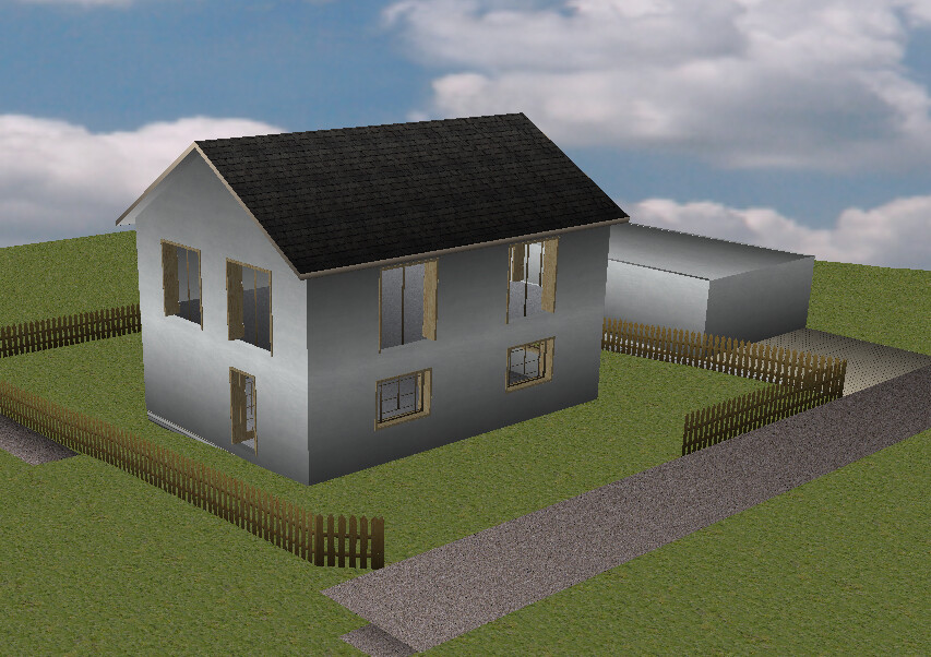 Zweistöckiges graues Haus mit schwarzem Dach, Gartenzaun und separater Garage.