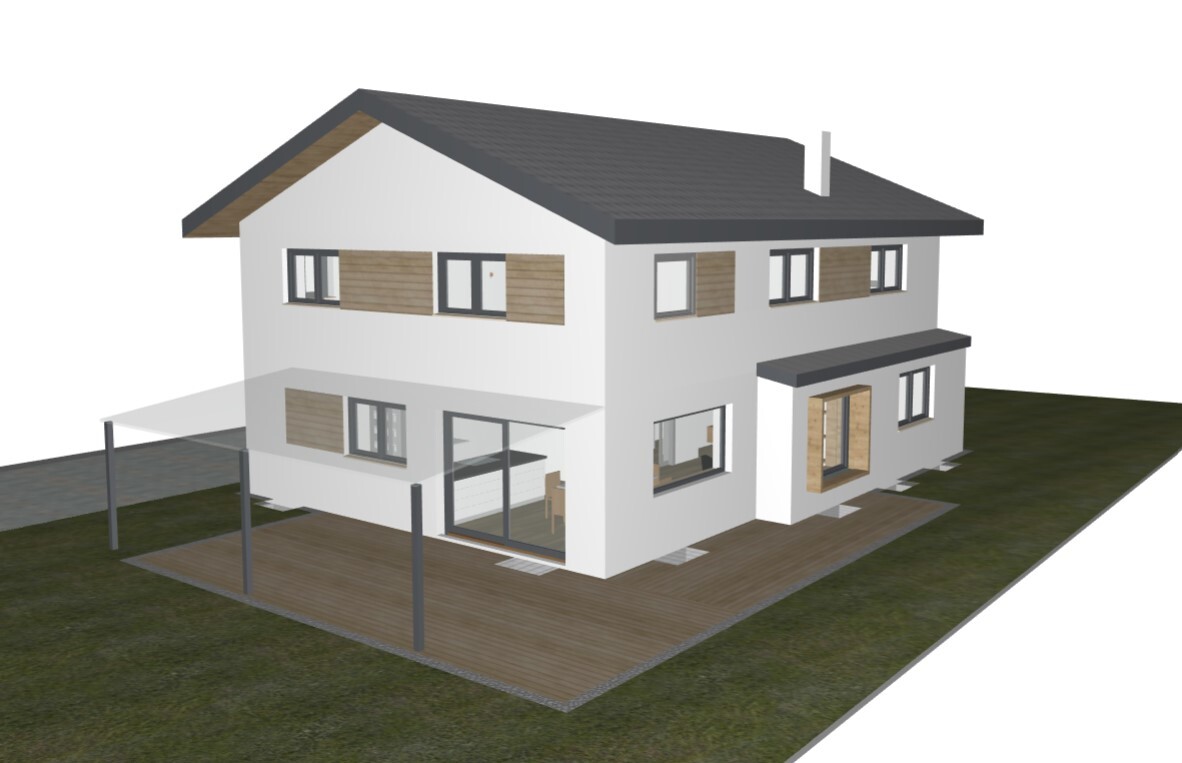 Modernes zweigeschossiges Haus mit weißer Fassade, Holzverkleidung und großer Holzterrasse.