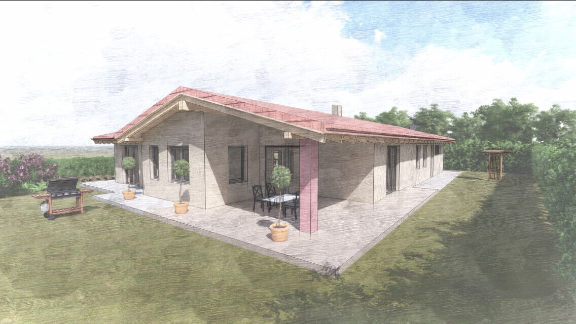 Modernes, eingeschossiges Haus mit rotem Satteldach, Terrasse, Grill und Topfpflanzen.