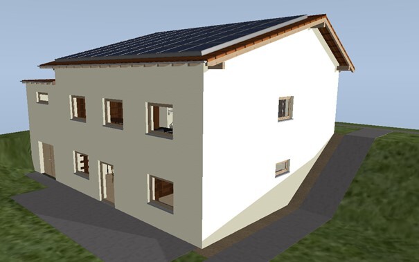 3D-Modell eines zweistöckigen Hauses, linke graue Fassade, rechte weiße Wand, Solarpanel-Satteldach.