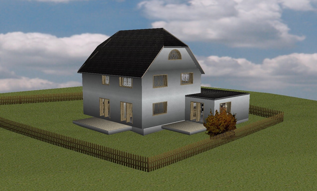 Zweistöckiges Haus mit dunklem Satteldach, Anbau und umzäuntem Garten.