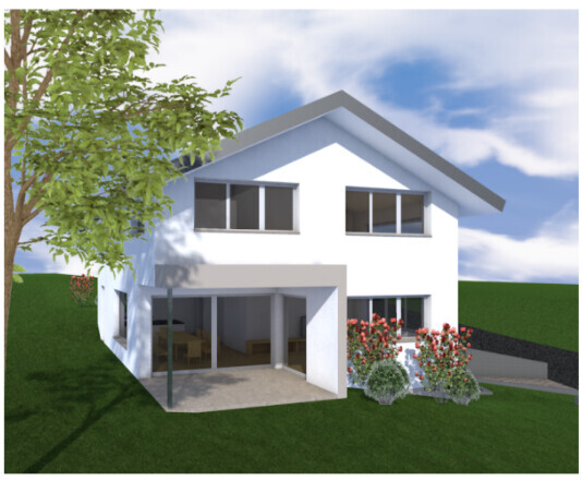 3D-Modell eines weißen Einfamilienhauses mit Terrasse, Garten und Baum – Frontansicht