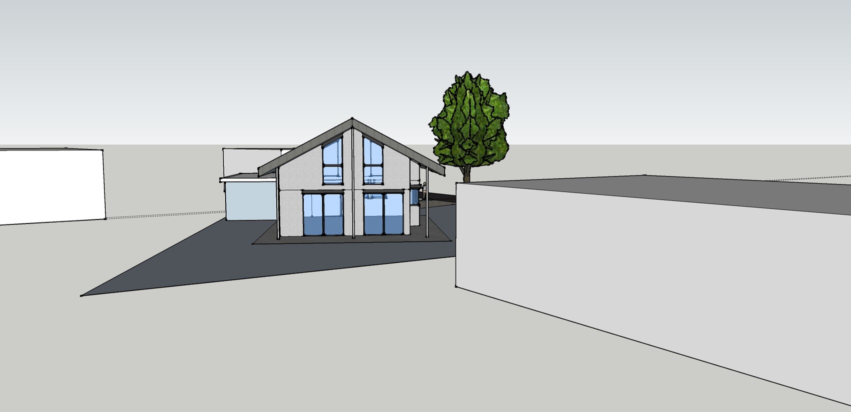 3D-Render eines modernen Einfamilienhauses mit großen Fenstern und Baum.