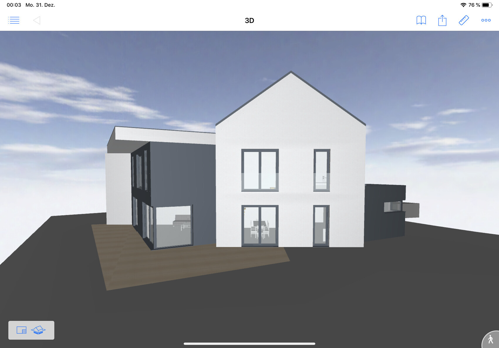 Moderne zweistöckige Villa mit weißer Fassade, dunklem Anbau, Holzterrasse und großen Fenstern