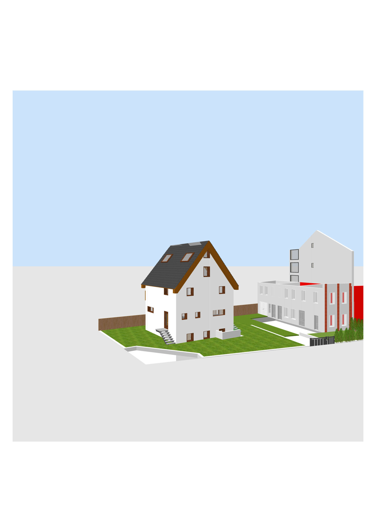 Weißes Einfamilienhaus mit dunklem Dach, Garten; daneben modernes Mehrfamilienhaus, blauer Himmel.