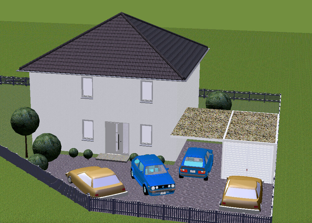 Zweistöckiges weißes Haus mit dunklem Satteldach, Carport und vier Autos im Hof.