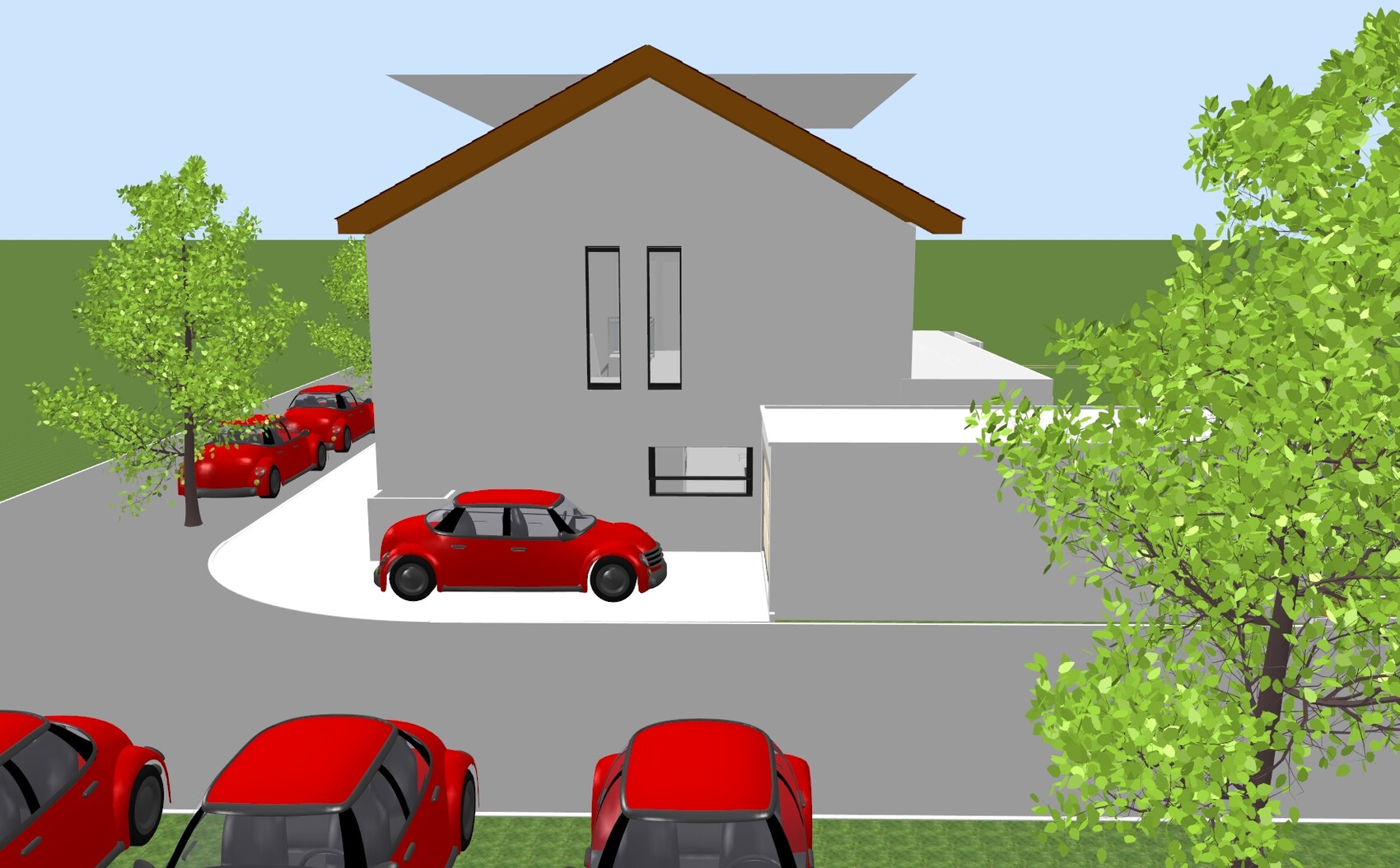 Graues Haus mit braunem Dach, mehrere rote Autos vor Einfahrt, Bäume im Gartenbereich
