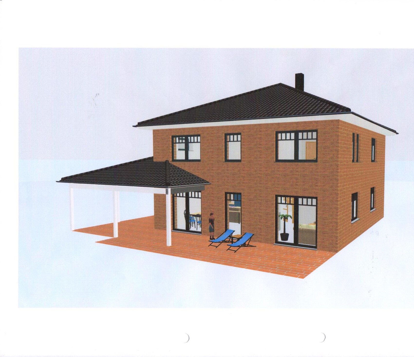 Außenansicht eines zweigeschossigen roten Backsteinhauses mit Terrasse und Möbeln